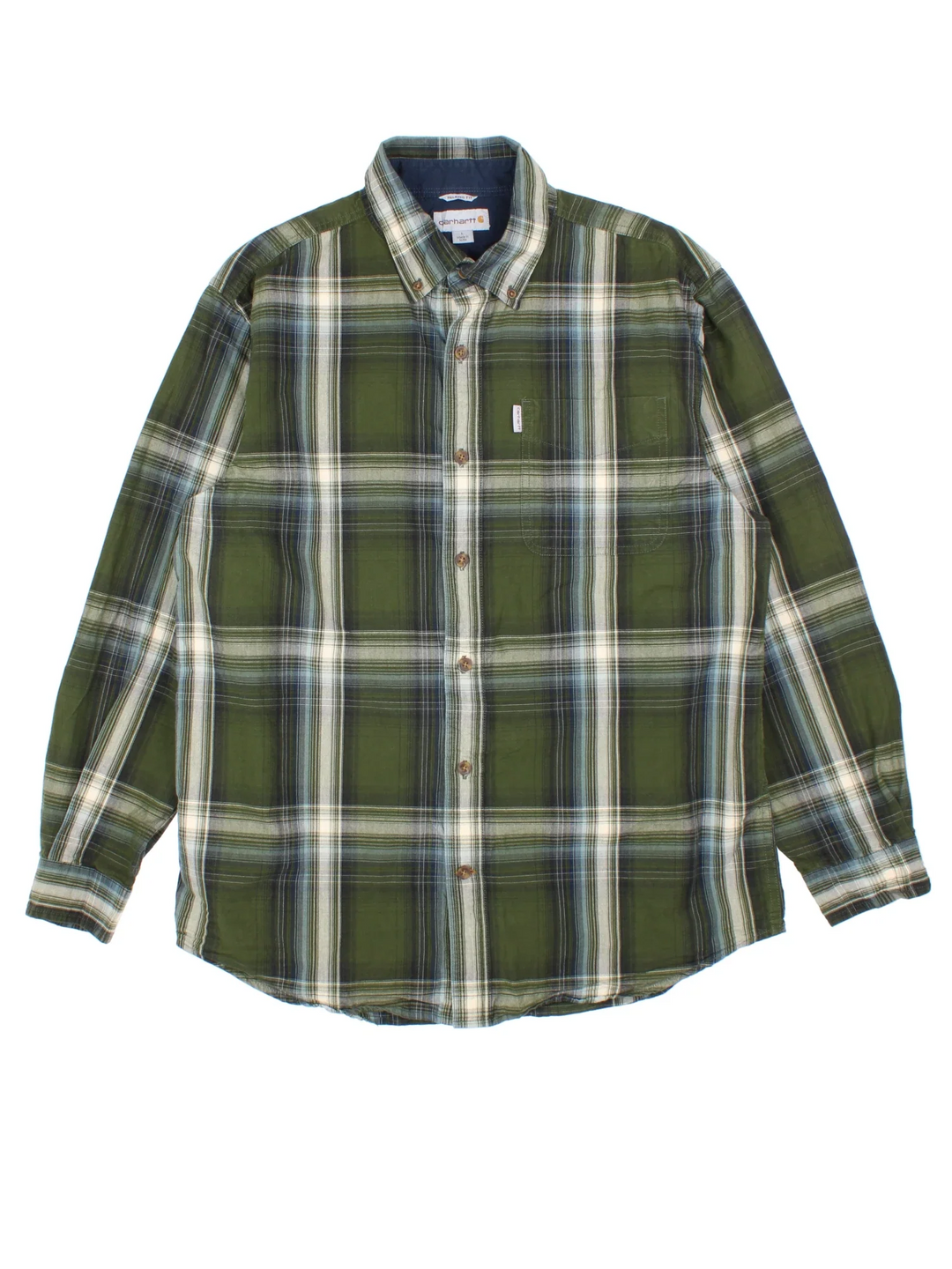 Carhartt Plaid Shirt in a green colourway, button up and has a chest pocket with the logo embroidered on the front.