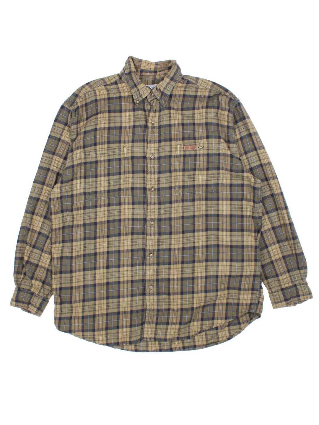 Carhartt Flannel Shirt in a khaki green and brown colourway, button up and has double chest pockets with the logo embroidered on the front.