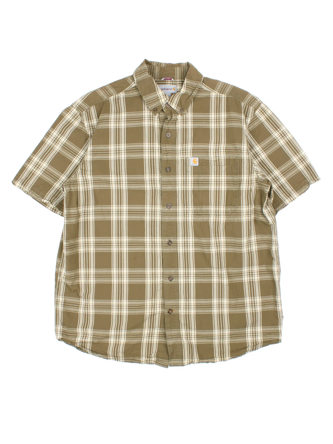 Carhartt Plaid Shirt in a green colourway, button up and has a chest pocket with the logo embroidered on the front.