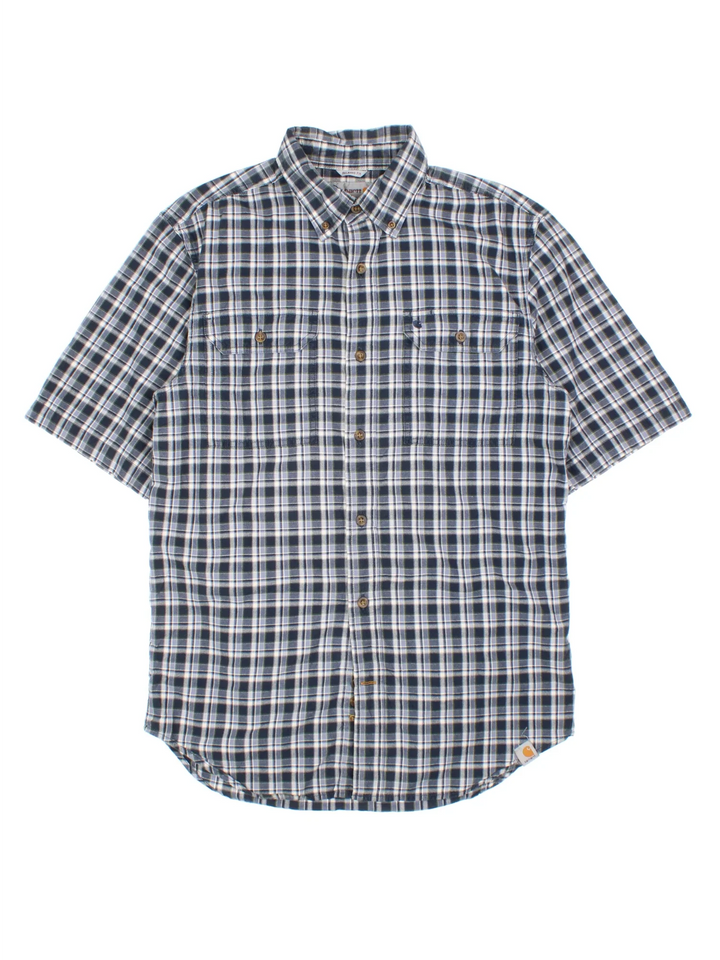 Carhartt Plaid Shirt in a blue and white colourway, button up and has double chest pockets with the logo embroidered on the front.