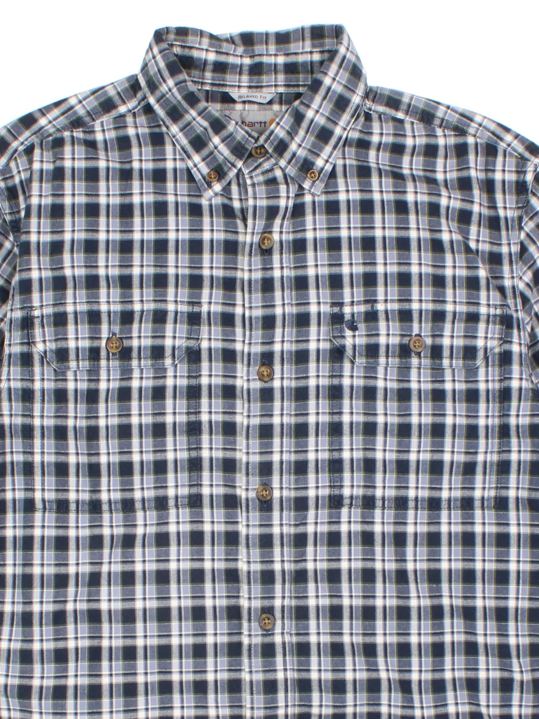 Carhartt Plaid Shirt in a blue and white colourway, button up and has double chest pockets with the logo embroidered on the front.