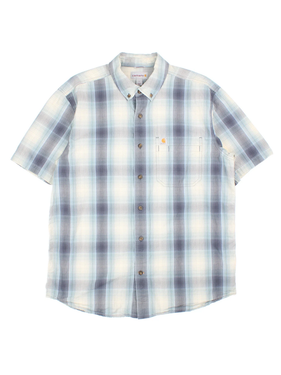 Carhartt Plaid Shirt in a blue colourway, button up and has a chest pocket with the logo embroidered on the front.