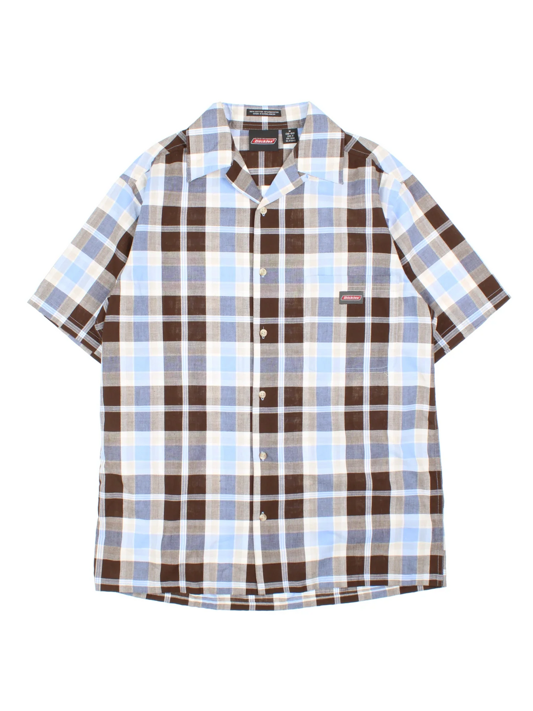 Dickies Checked Shirt in a blue and brown colourway, button up and has a chest pocket with the logo embroidered on the front.