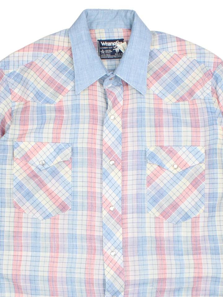 Wrangler Western Shirt in a blue, white and red colourway, button up and has double chest pockets.