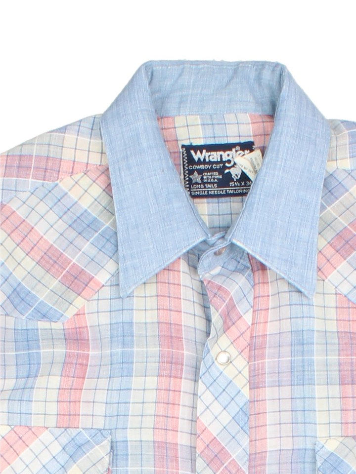 Wrangler Western Shirt in a blue, white and red colourway, button up and has double chest pockets.