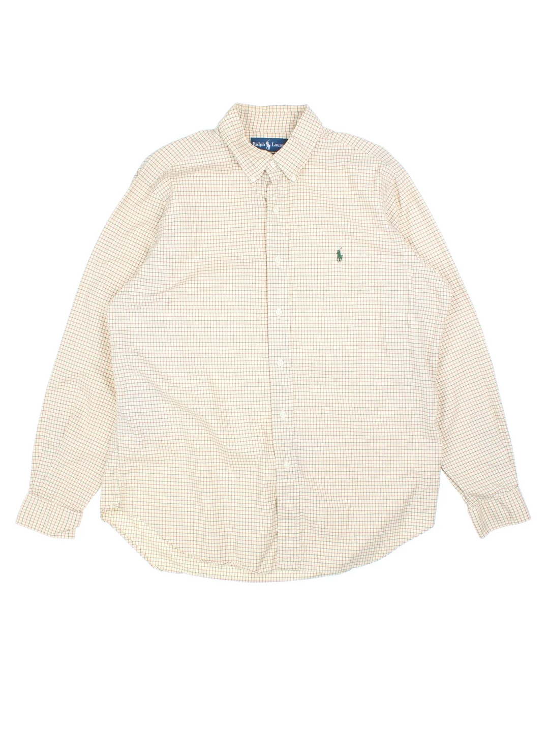 Ralph Lauren Shirt in a tan colourway with red, black and green stripes, button up with the logo embroidered on the front.