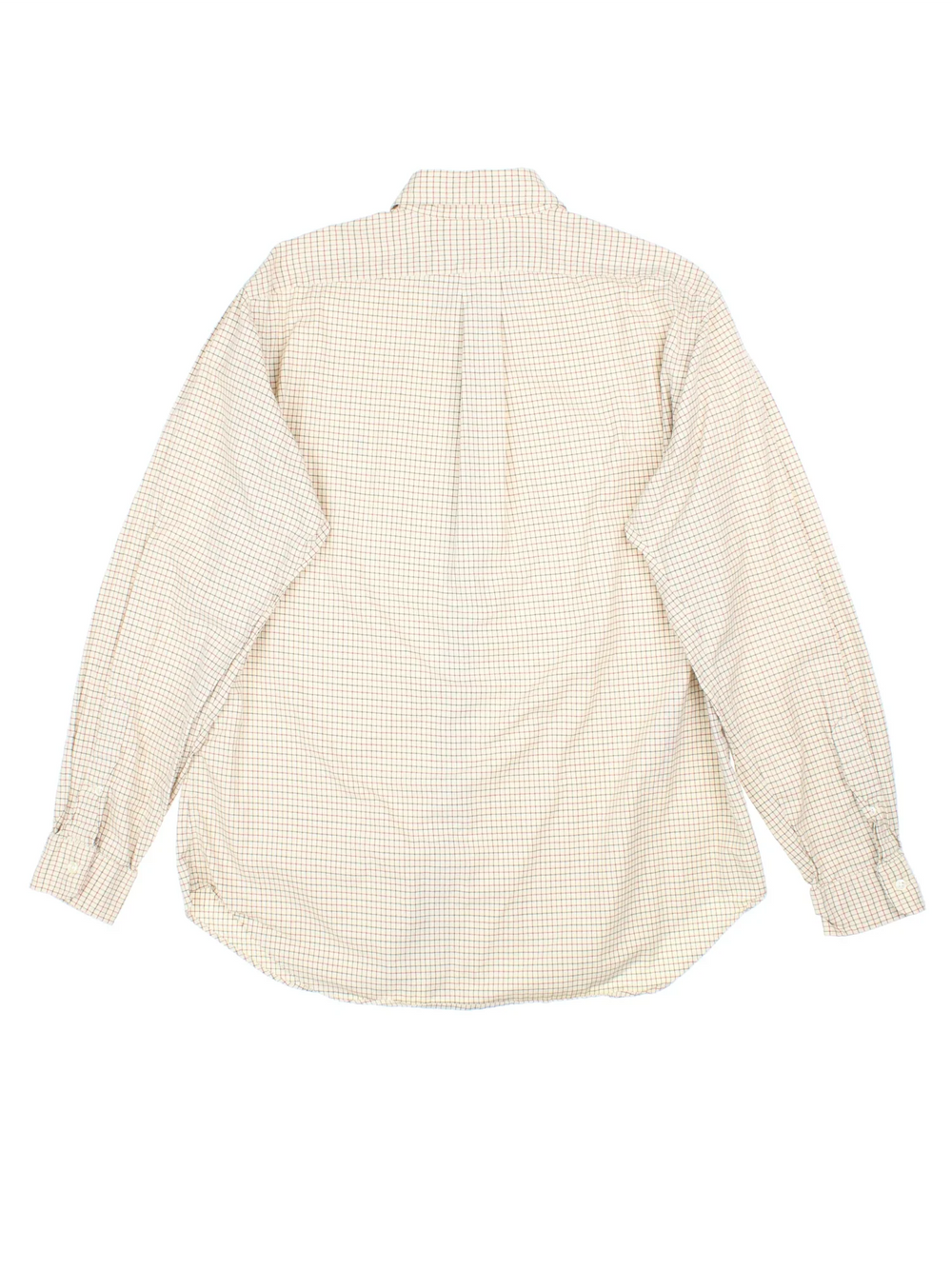 Ralph Lauren Shirt in a tan colourway with red, black and green stripes, button up with the logo embroidered on the front.