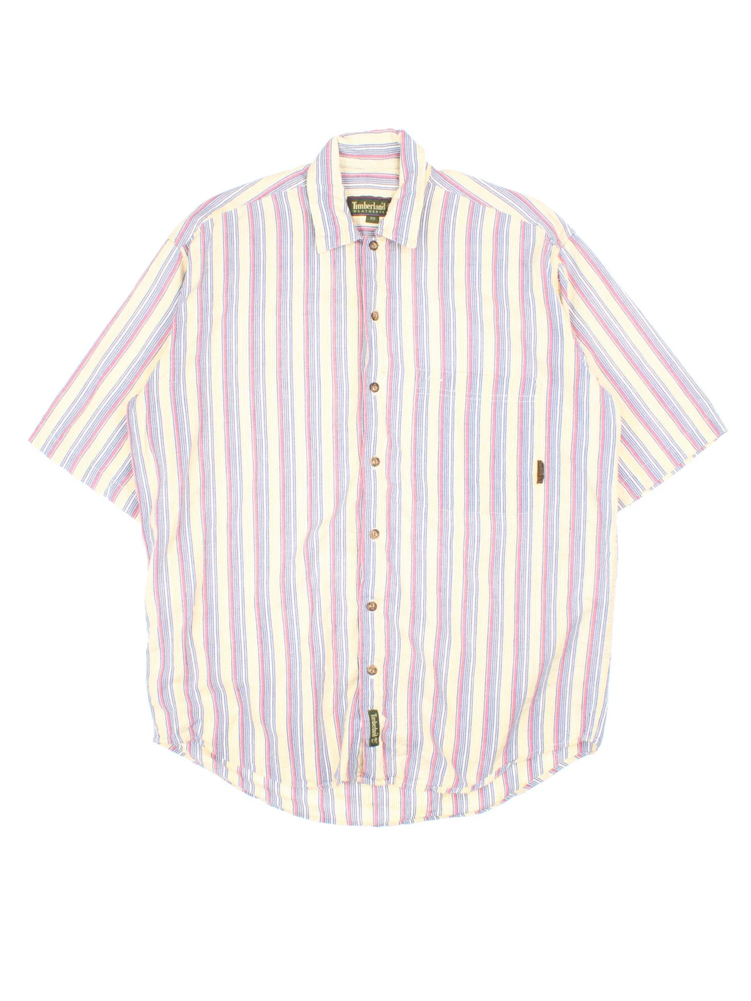 Timberland Shirt in a yellow, blue, red and white striped colourway, button up and has a chest pocket with the logo embroidered on the front.