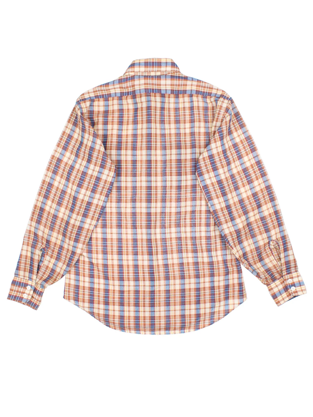 Vintage Levi Strauss Western Shirt in a brown and blue plaid pattern colourway, button up and has double chest pockets with the logo tab embroidered on the front.