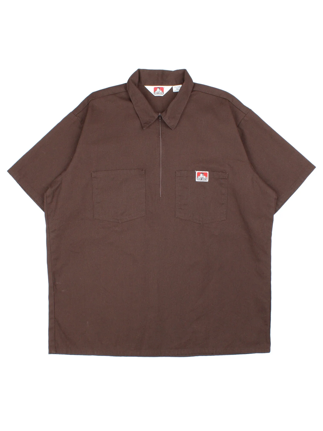 Ben Davis Work Shirt in a brown colourway, half zip and has double chest pockets with the logo embroidered on the front.