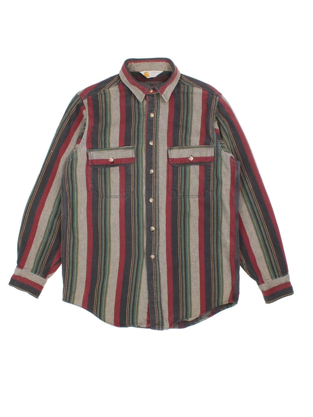 Vintage Carhartt Striped Shirt in a multicoloured, red, grey, green, yellow and black colourway, button up with double chest pockets.