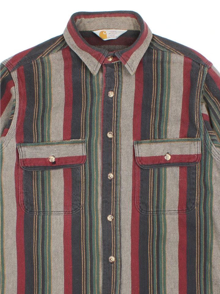 Vintage Carhartt Striped Shirt in a multicoloured, red, grey, green, yellow and black colourway, button up with double chest pockets.