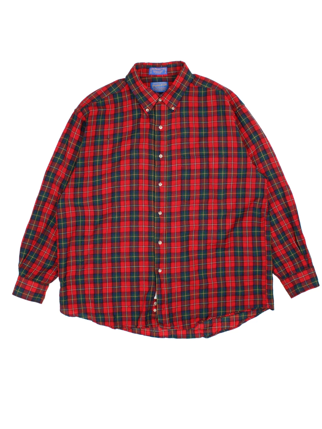 Pendleton Plaid Wool Shirt in a red, blue. green and yellow colourway, button up and has a chest pocket.