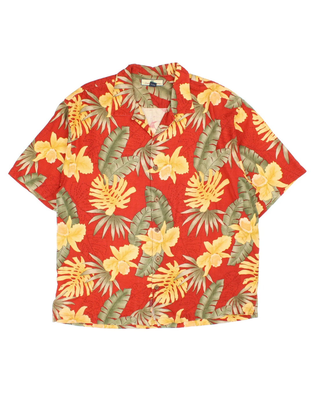 Tommy Bahama Floral Hawaiian Shirt in a red, yellow and green colourway, button up with a camp collar.