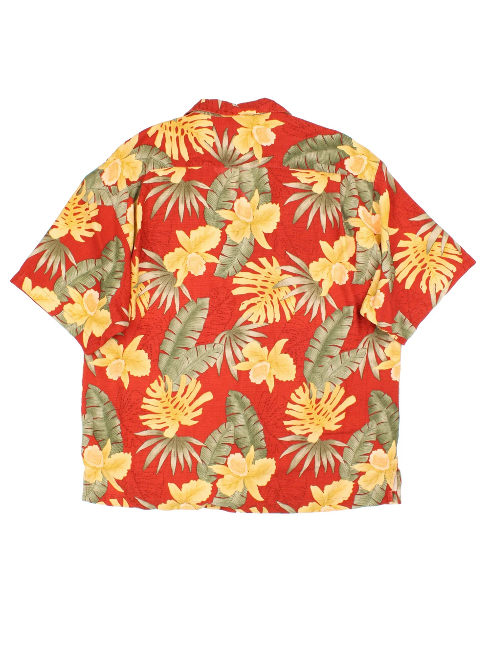 Tommy Bahama Floral Hawaiian Shirt in a red, yellow and green colourway, button up with a camp collar.