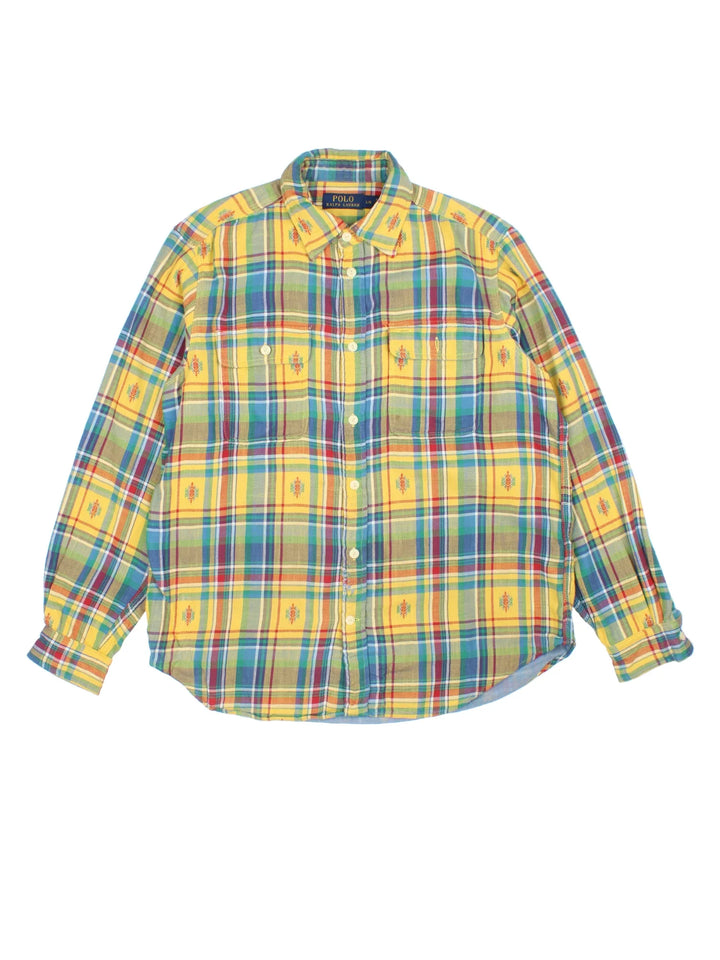 Vintage Ralph Lauren Flannel Shirt in a yellow colourway, button up and has double chest pockets, with Aztec pattern all over.