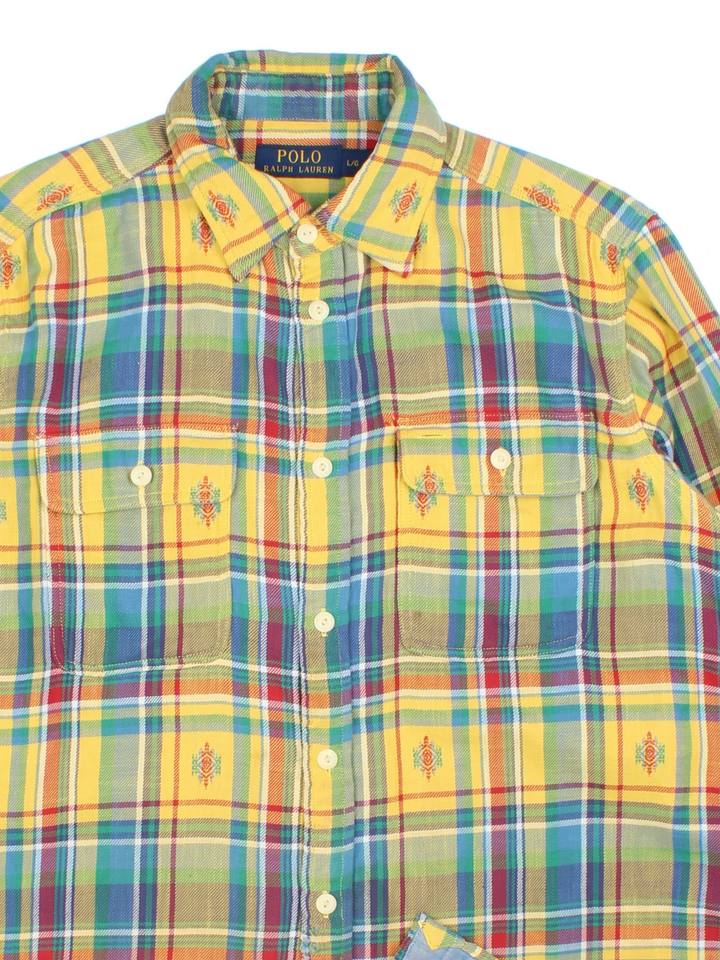 Vintage Ralph Lauren Flannel Shirt in a yellow colourway, button up and has double chest pockets, with Aztec pattern all over.
