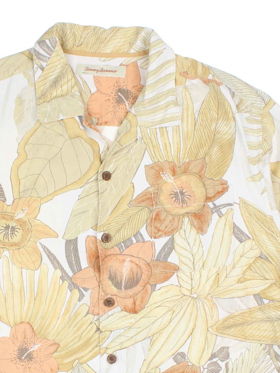 Tommy Bahama Floral Hawaiian Shirt in a yellow colourway, button up with a camp collar, and has a chest pocket.
