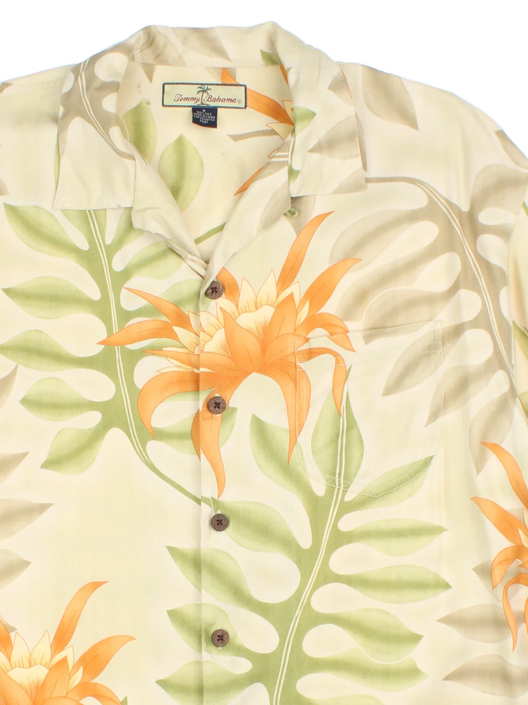Tommy Bahama Floral Hawaiian Shirt in a yellow colourway, button up and has a chest pocket.