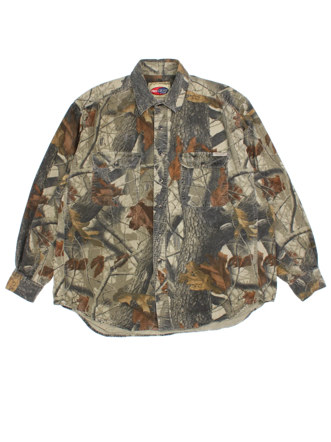 Wrangler Pro Gear Real Tree Camo Shirt in a green and brown colourway, button up and has double chest pockets with the logo embroidered on the front.