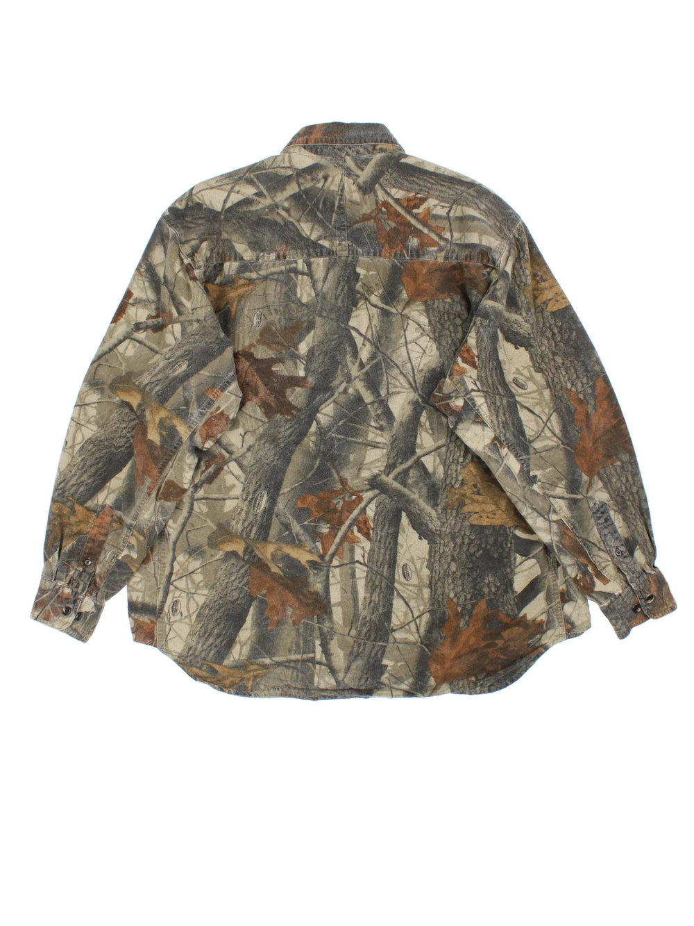 Wrangler Pro Gear Real Tree Camo Shirt in a green and brown colourway, button up and has double chest pockets with the logo embroidered on the front.