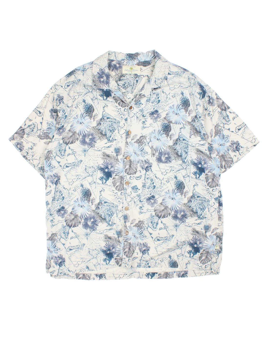 Vintage Map Pattern Hawaiian Shirt in a blue and white colourway, button up with a camp collar and has a chest pocket.
