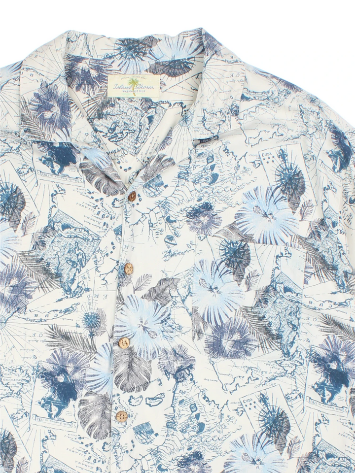 Vintage Map Pattern Hawaiian Shirt in a blue and white colourway, button up with a camp collar and has a chest pocket.