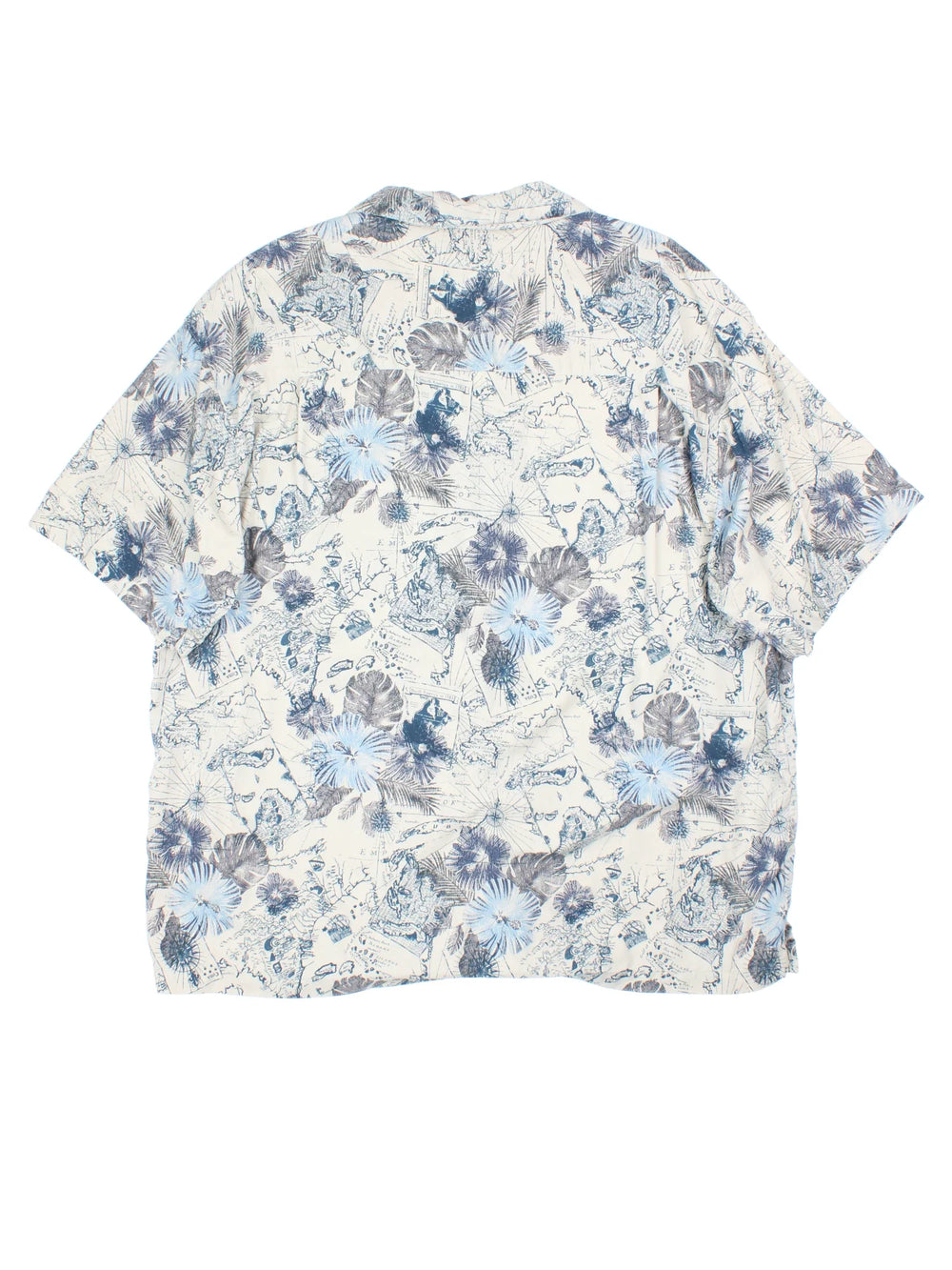 Vintage Map Pattern Hawaiian Shirt in a blue and white colourway, button up with a camp collar and has a chest pocket.