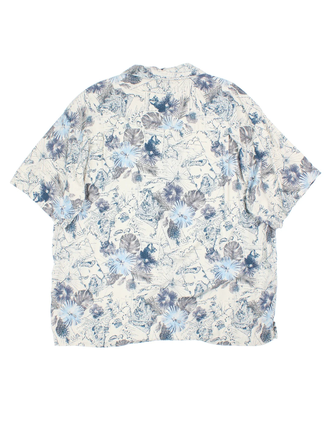 Vintage Map Pattern Hawaiian Shirt in a blue and white colourway, button up with a camp collar and has a chest pocket.