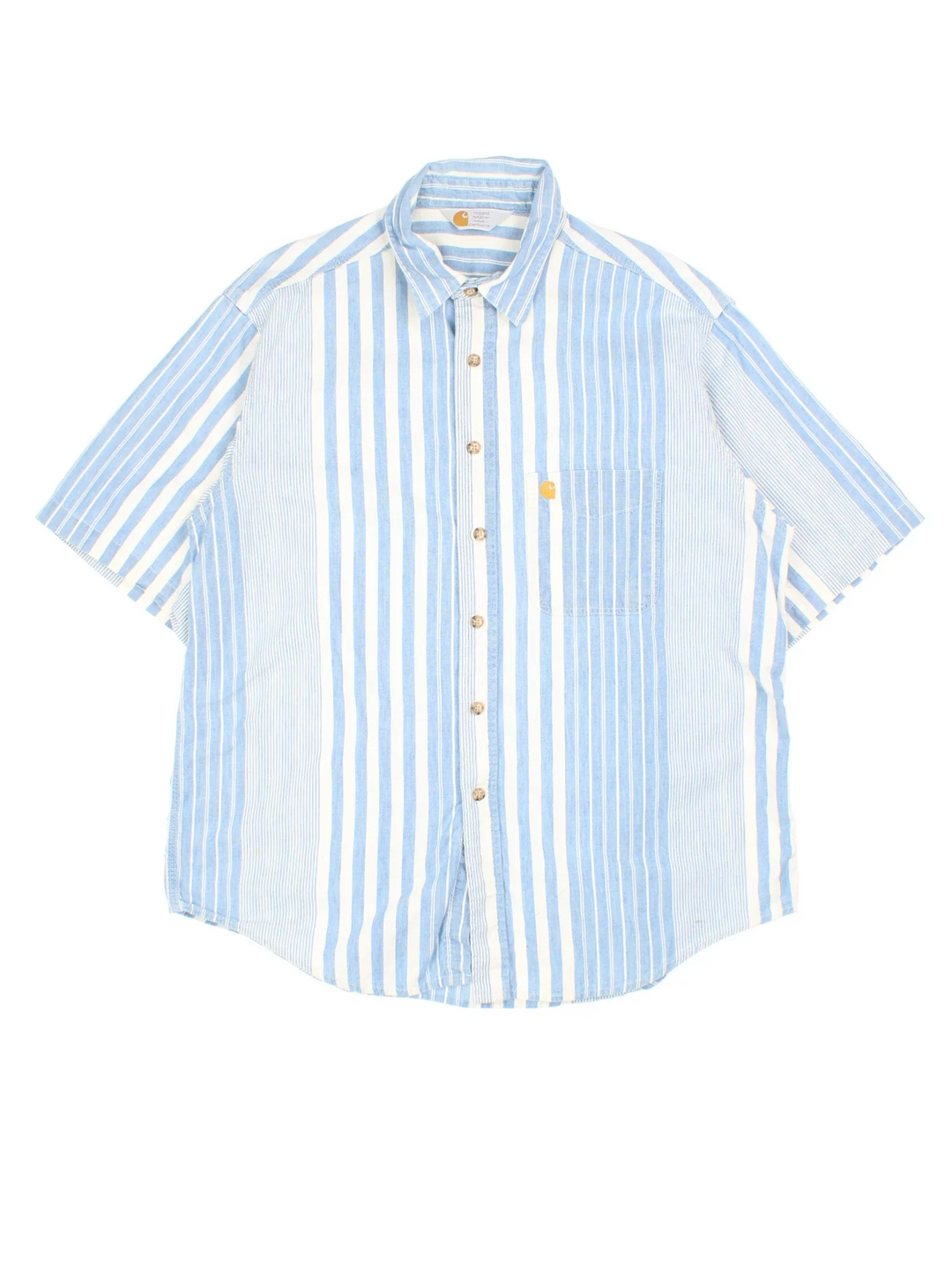 Carhartt Shirt in a blue and white striped colourway, button up and has a chest pocket with the logo embroidered on the front.