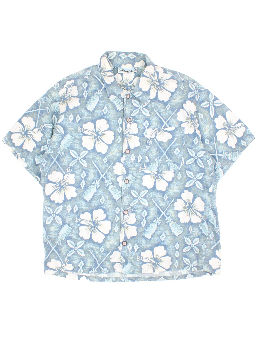 Billabong Hawaiian Shirt in a blue and white colourway, button up and has a chest pocket with the logo embroidered on the front, floral pattern printed all over.