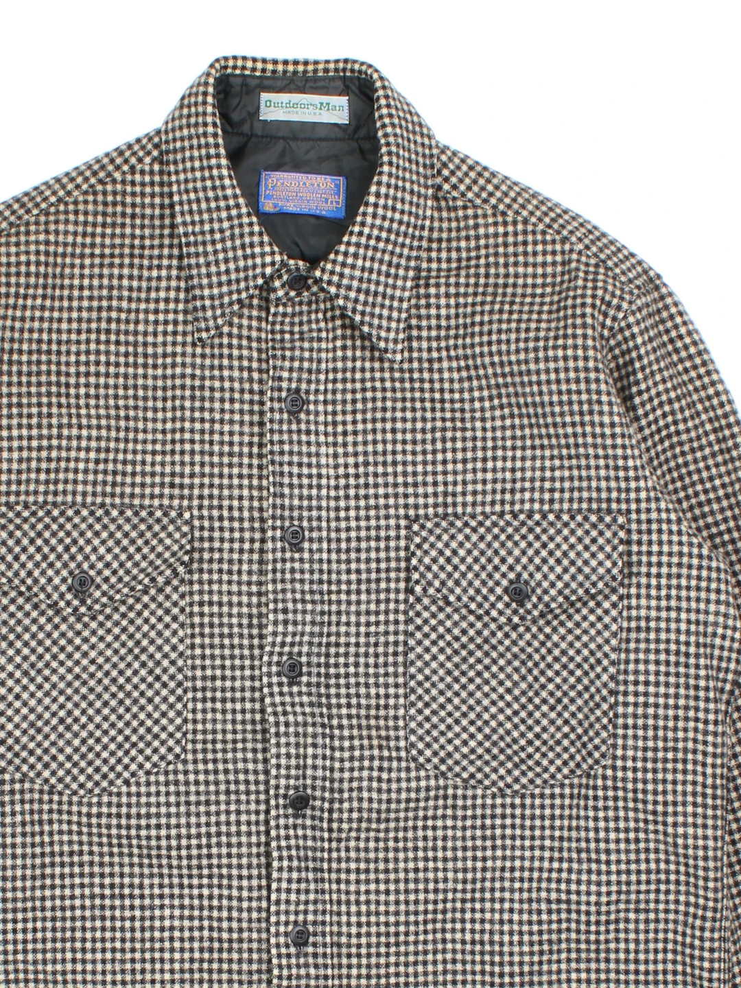 Pendleton Wool Flannel Shirt in a black and tan checked colourway, button up and has double chest pockets.