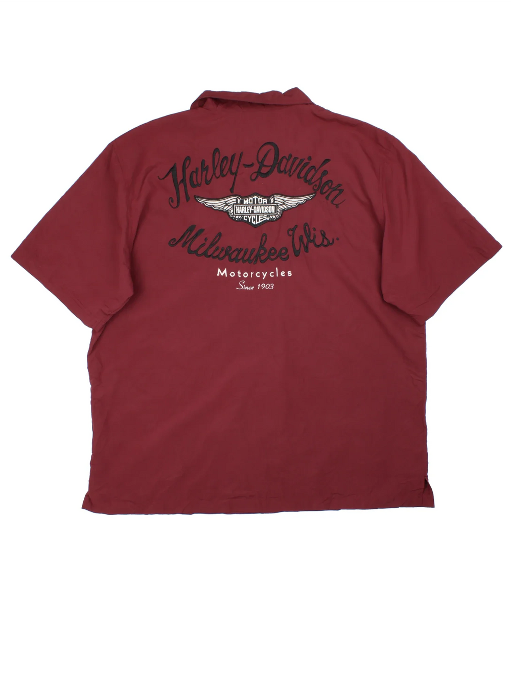 Harley-Davidson Motorcycles Work Shirt in a red colourway, button up and has a chest pocket with the logo embroidered on the front, and large spell out graphic on the back.