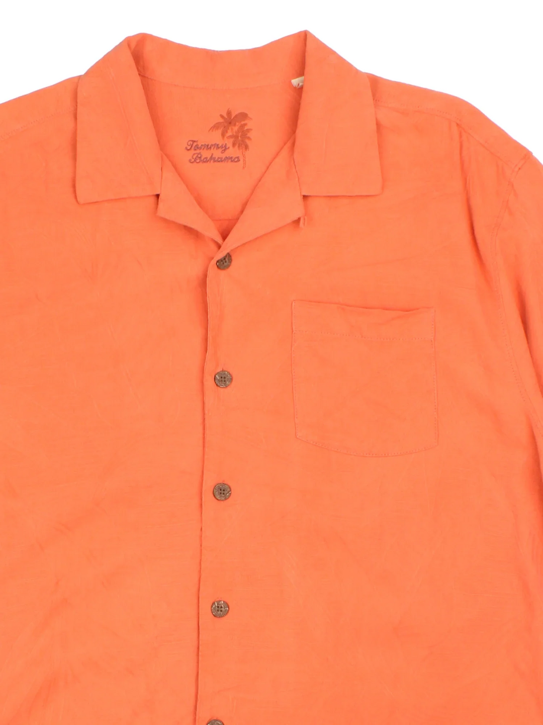 Tommy Bahama Hawaiian Shirt in a orange colourway, button up and has a chest pocket.