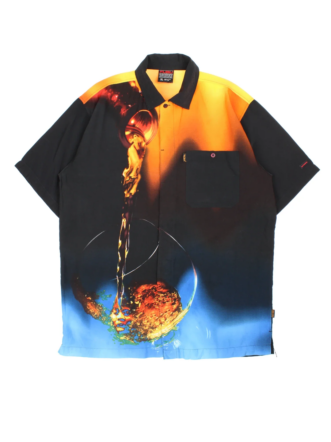Y2K FUBU Shirt in a black colourway with drink graphic print, button up and has a chest pocket with the logo embroidered on the front.