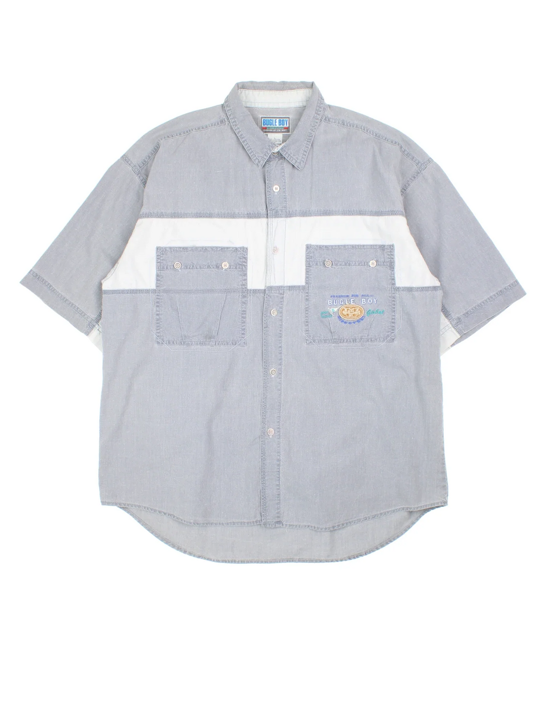 Vintage Bugle Boy Shirt in a grey colourway, button up and has double chest pockets with the logo embroidered on the front.