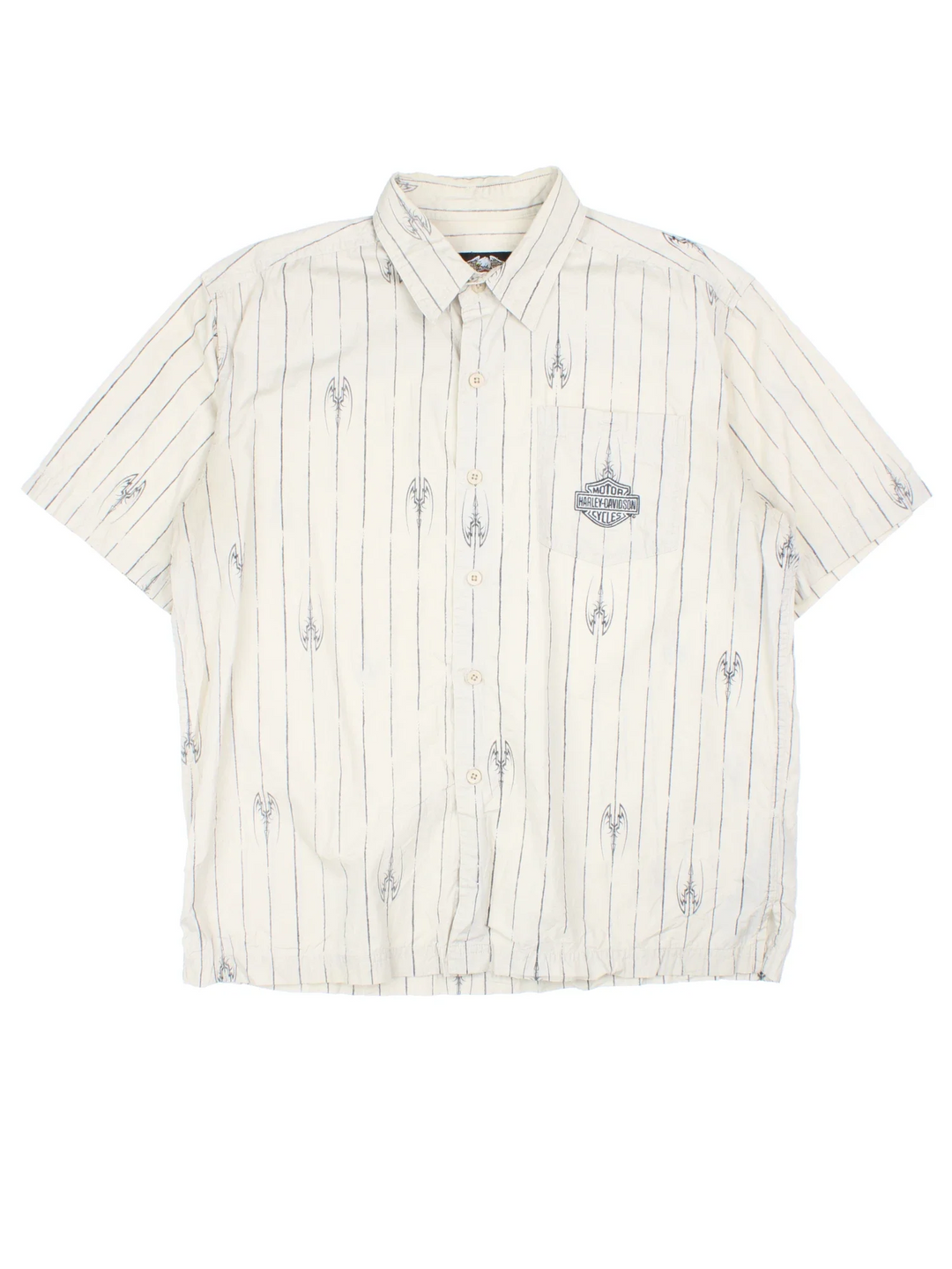 Harley-Davidson Shirt in a tan striped colourway with tribal pattern print all over, button up and has a chest pocket with the logo embroidered on the front and large spell out on the back.