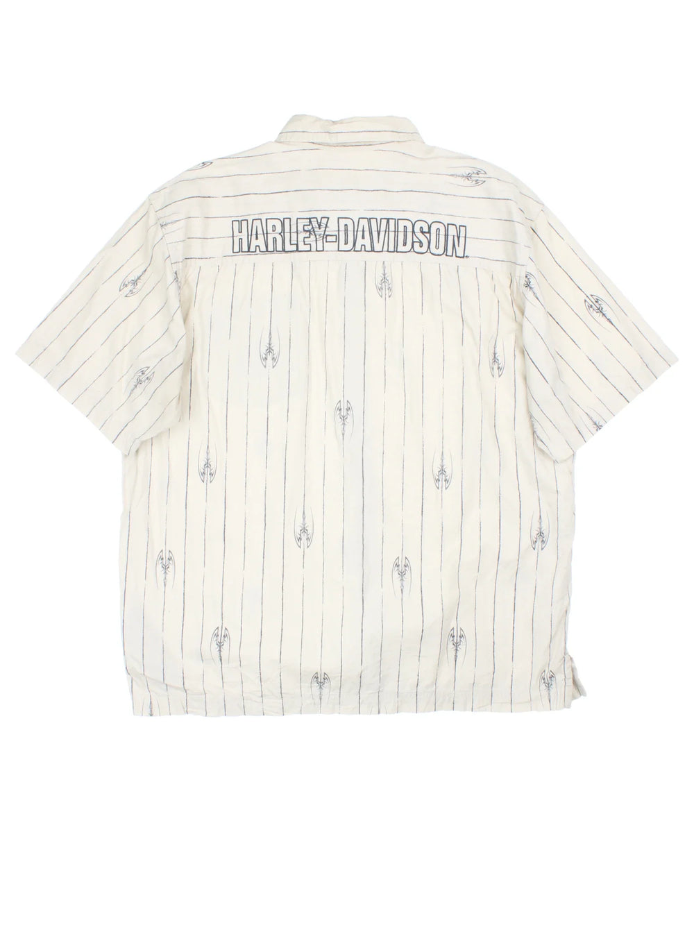 Harley-Davidson Shirt in a tan striped colourway with tribal pattern print all over, button up and has a chest pocket with the logo embroidered on the front and large spell out on the back.