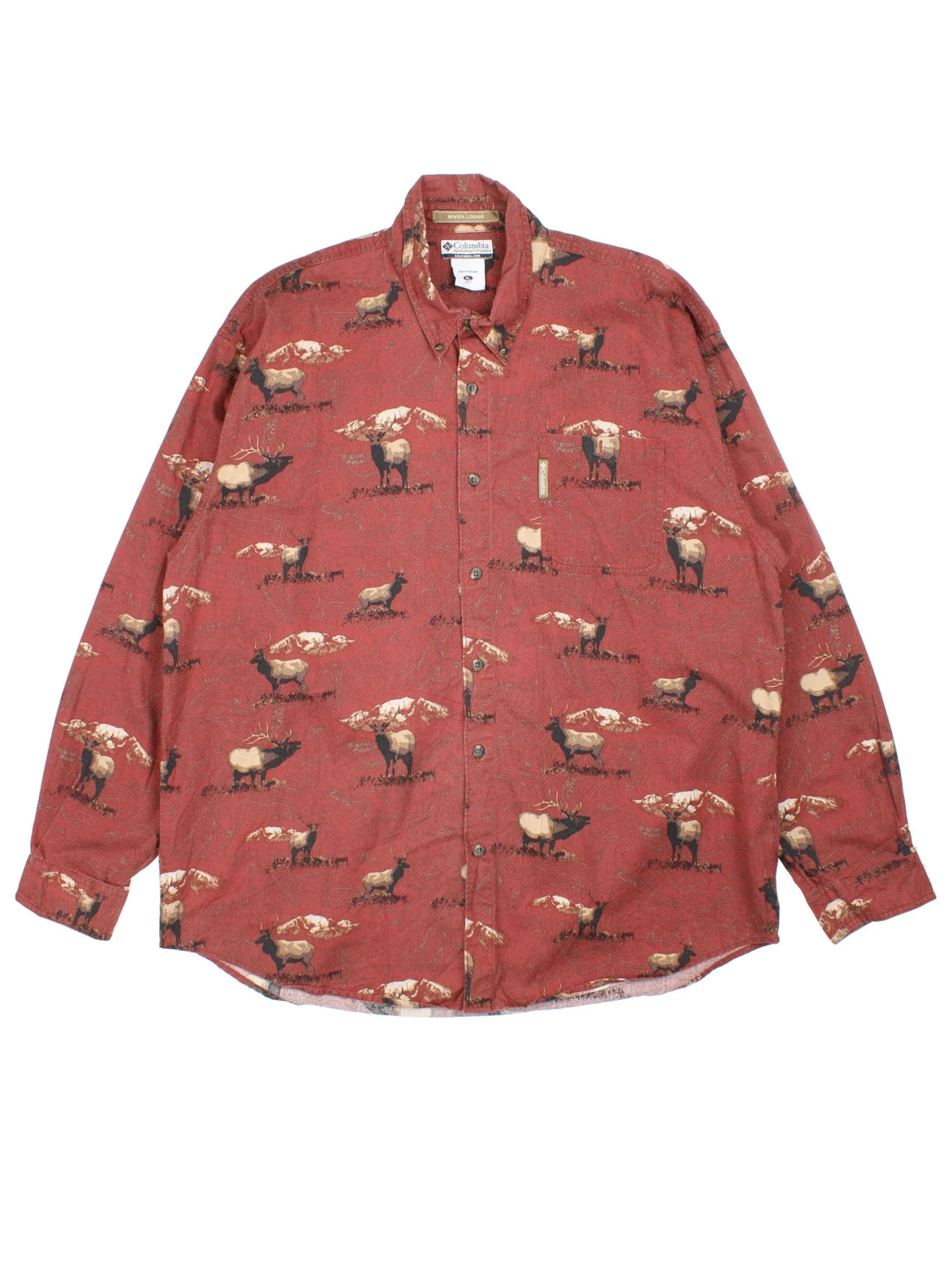 Columbia River Lodge Deer Shirt in a red colourway with all over deer print, button up and has a chest pocket with the logo tab embroidered on the front.