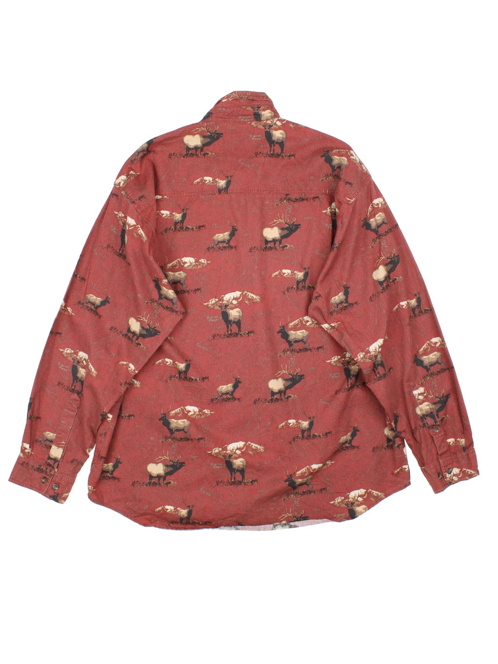 Columbia River Lodge Deer Shirt in a red colourway with all over deer print, button up and has a chest pocket with the logo tab embroidered on the front.