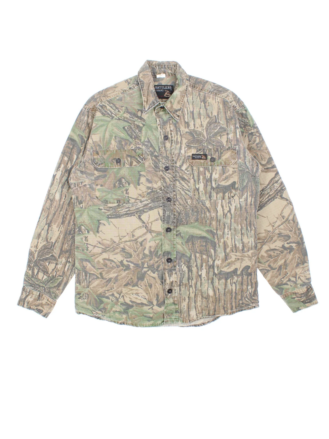 Vintage Rattlers Real Tree Camo Shirt in a green and brown colourway, button up and has double chest pockets with the logo embroidered on the front.