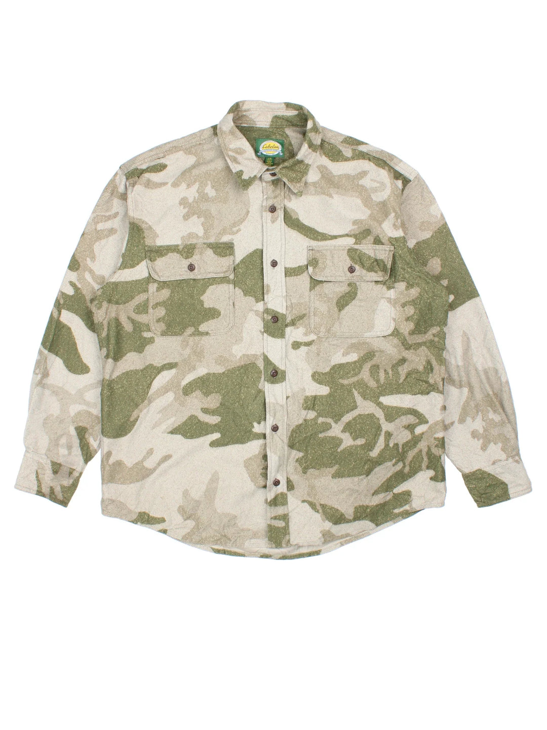 Vintage Cabela's Camo Shirt in a tan and green colourway, button up with double chest pockets.