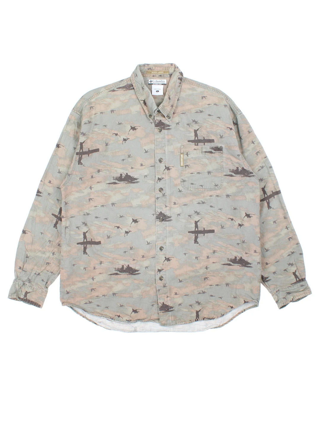 Columbia River Lodge Hunting Shirt in a green colourway with all over hunting graphic print, button up and has a chest pocket with the logo tab embroidered on the front.