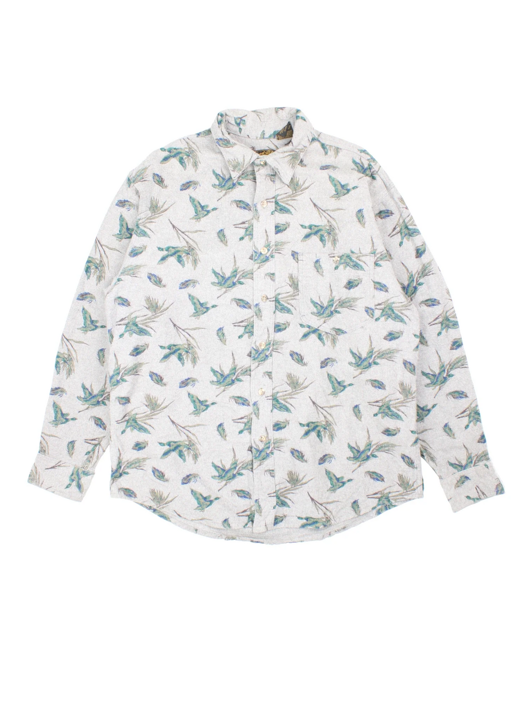 Vintage Eddie Bauer Duck Print Shirt in a grey colourway, button up and has a chest pocket.