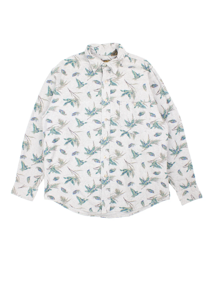 Vintage Eddie Bauer Duck Print Shirt in a grey colourway, button up and has a chest pocket.