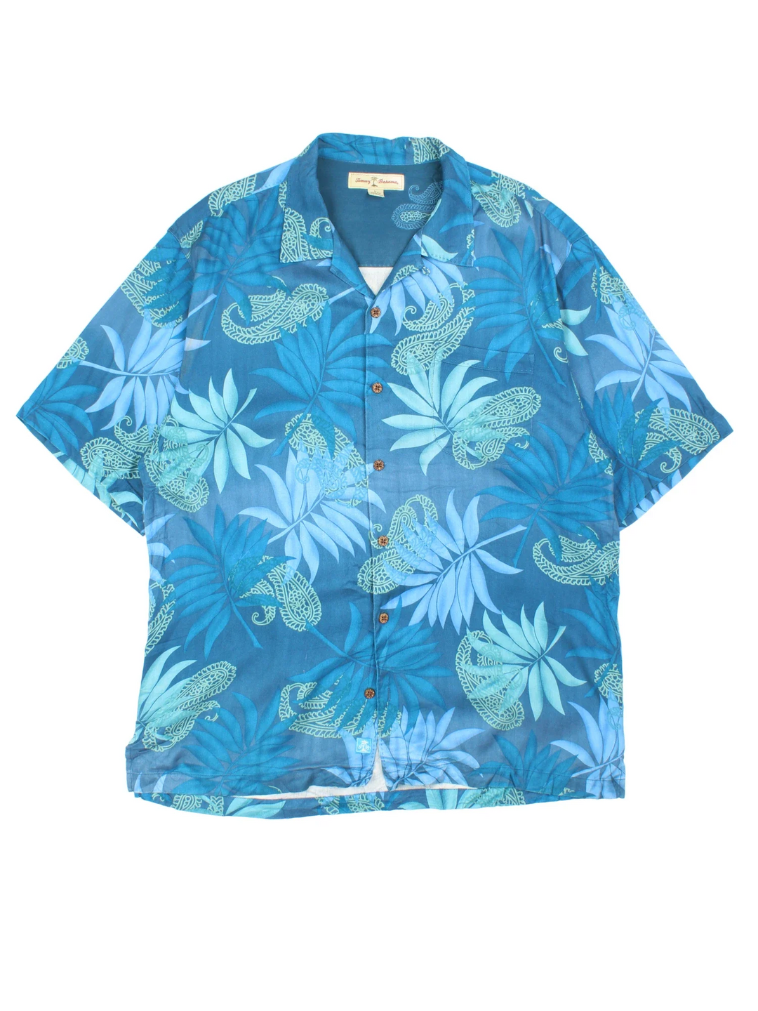 Tommy Bahama Hawaiian Shirt in a blue colourway with floral pattern all over, button up and has a chest pocket.