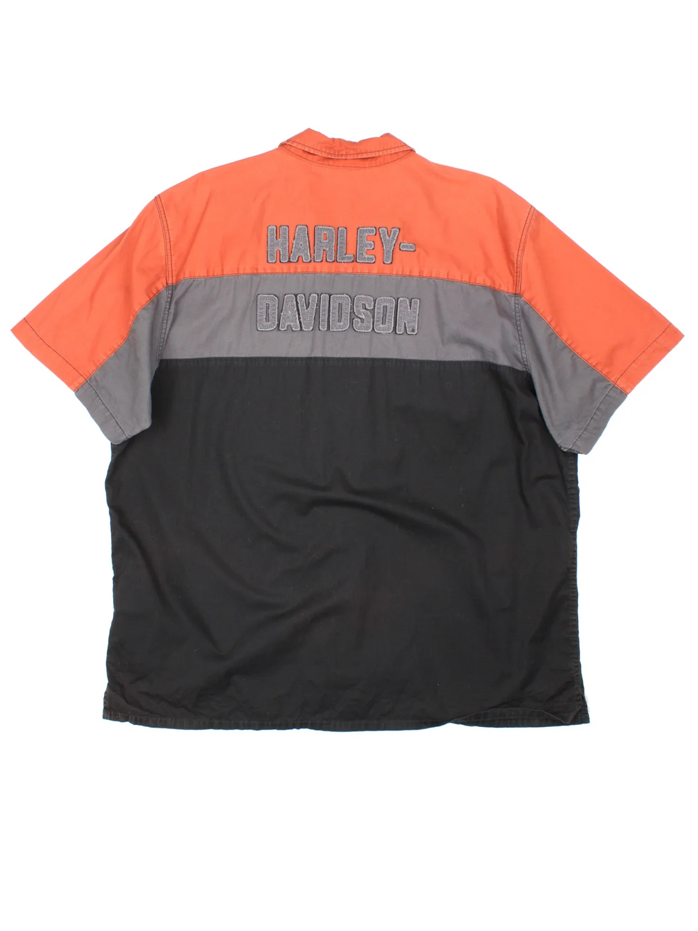Harley-Davidson Work Shirt in a black, orange and grey colourway, button up and has a chest pocket with the logo embroidered on the front and back.