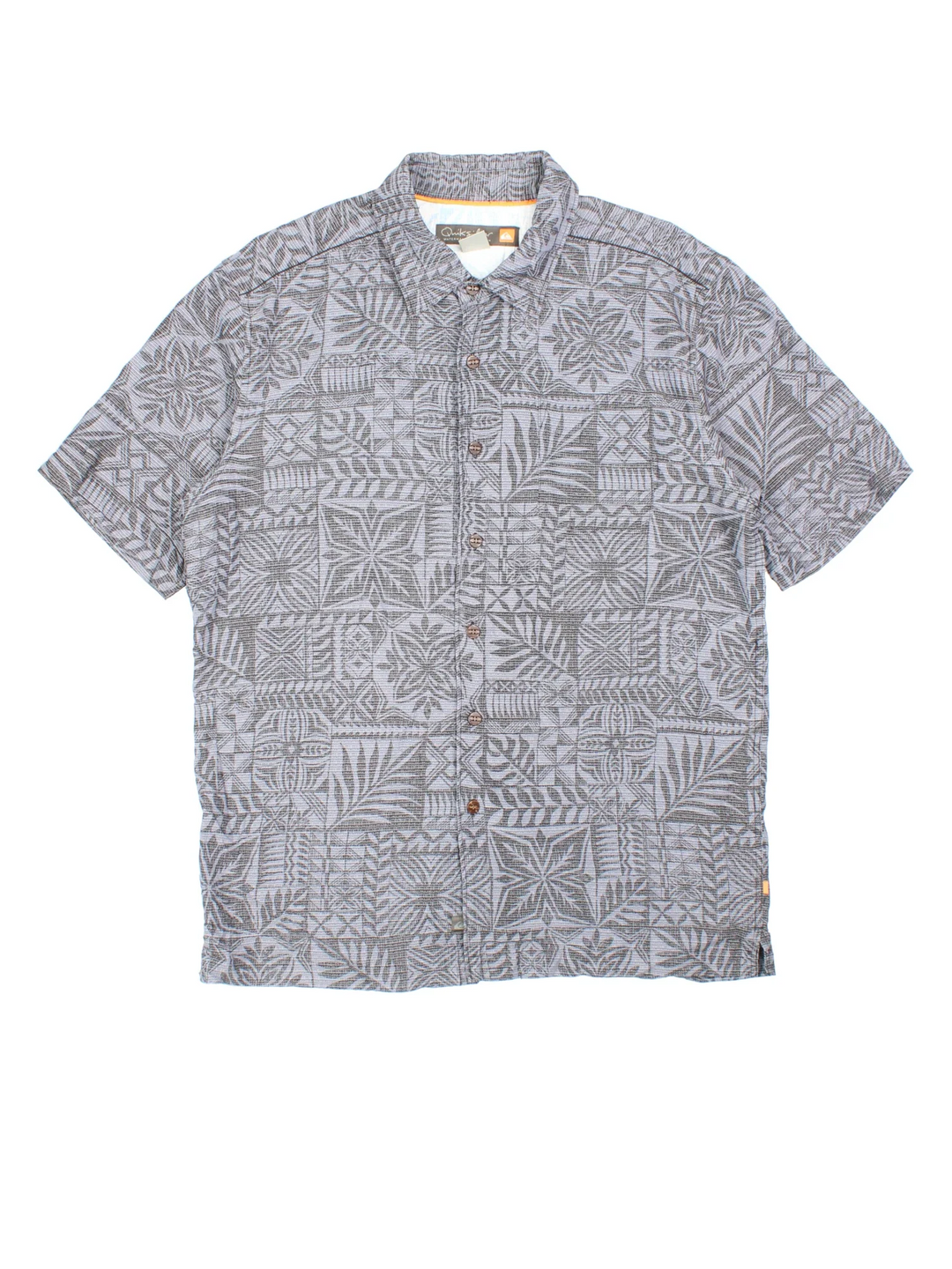 Quiksilver Waterman Collection Hawaiian Shirt in a grey colourway with abstract pattern all over, button up and has a chest pocket.
