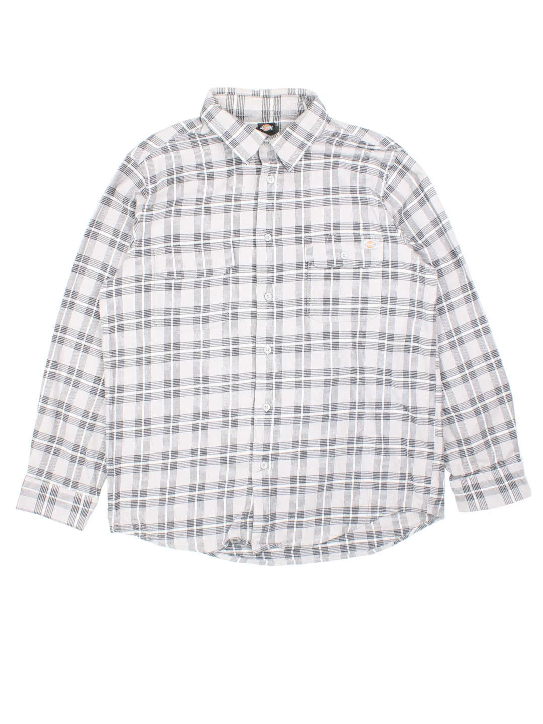 Dickies Flannel Shirt in a grey and black checked colourway, button up and has double chest pockets with the logo embroidered on the front.