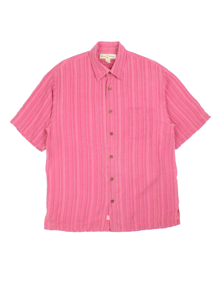Tommy Bahama Patterned Hawaiian Shirt in a pink colourway. Button up with front chest pocket.